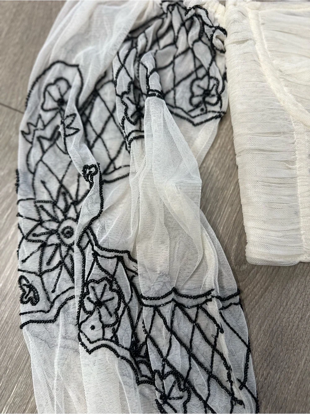 Zara Cream Crop Top with Black Embroidered Sheer Puff Sleeves